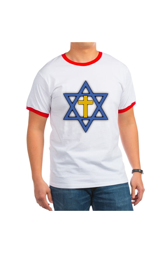 - Star Of David With Cross Ringer T - 100% Cotton Ringed T-Shirt