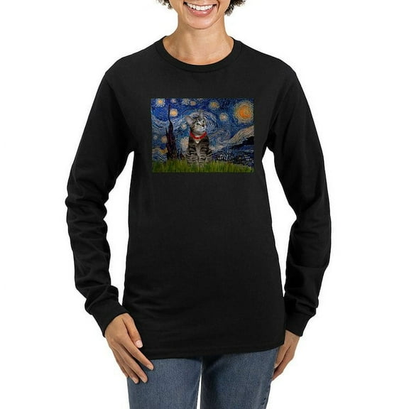 CafePress - Starry Night / Tiger Cat Women's Long Sleeve Dark - Women's Long Sleeve Graphic Tee Casual Fit