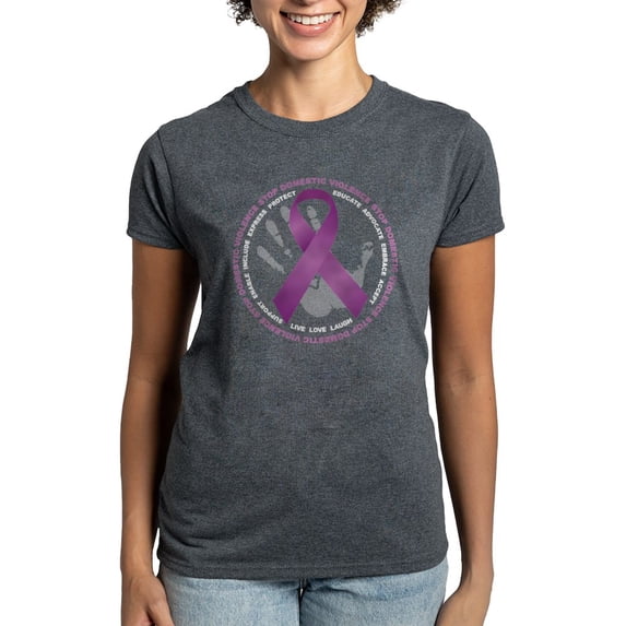 CafePress - Stop Domestic Violence Ribbon Women's Dark T Shirt - Women's Traditional Fit Dark T-Shirt