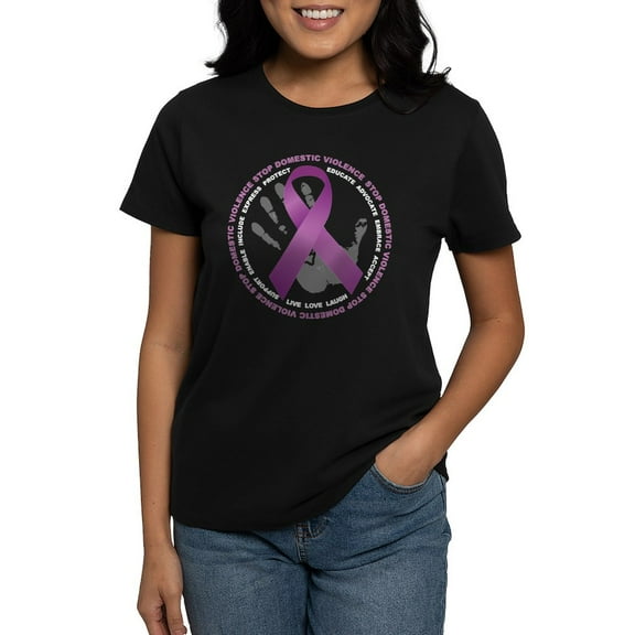 CafePress - Stop Domestic Violence Ribbon Women's Dark T Shirt - Women's Traditional Fit Dark T-Shirt