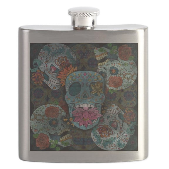 CafePress - Sugar Skulls Design Flask - Stainless Steel Flask, 6oz Drinking Flask