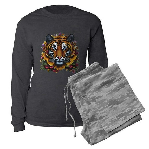 CafePress - Sunflower Tiger - Women's Long Sleeve Charcoal Gray Pajamas