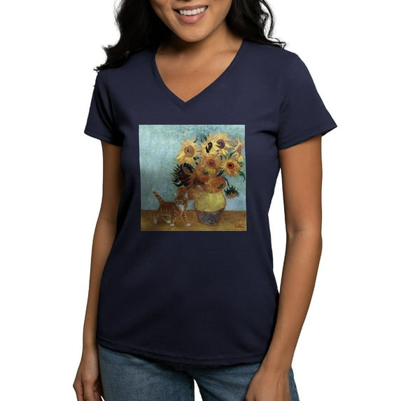 CafePress - Sunflowers & Kitten Ash Grey T Shirt - Women's V-Neck Dark T-Shirt