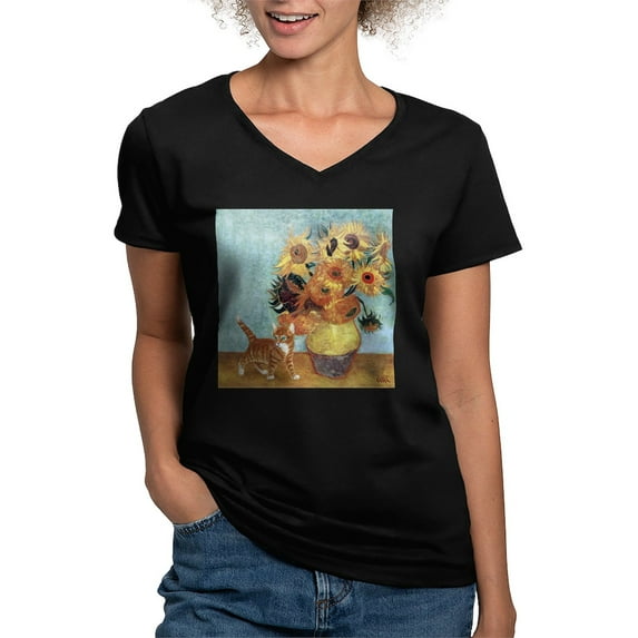 CafePress - Sunflowers & Kitten Ash Grey T Shirt - Women's V-Neck Dark T-Shirt