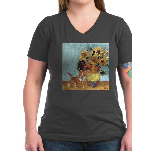 CafePress - Sunflowers & Kitten Ash Grey T Shirt - Women's V-Neck Dark T-Shirt