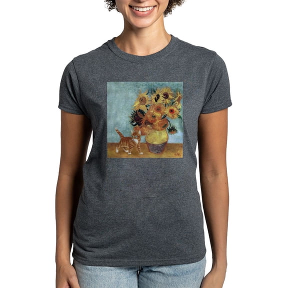 CafePress - Sunflowers & Kitten Women's Dark T Shirt - Women's Traditional Fit Dark T-Shirt
