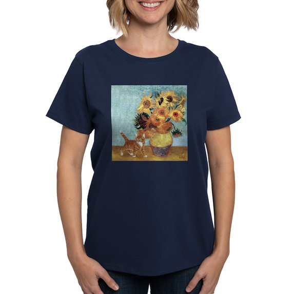 CafePress - Sunflowers & Kitten Women's Dark T Shirt - Women's Traditional Fit Dark T-Shirt