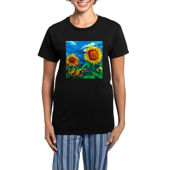 CafePress - Sunflowers Painting Pajamas - Women's Short Sleeve Print T-Shirt and Pants Dark Cotton Pajama Set