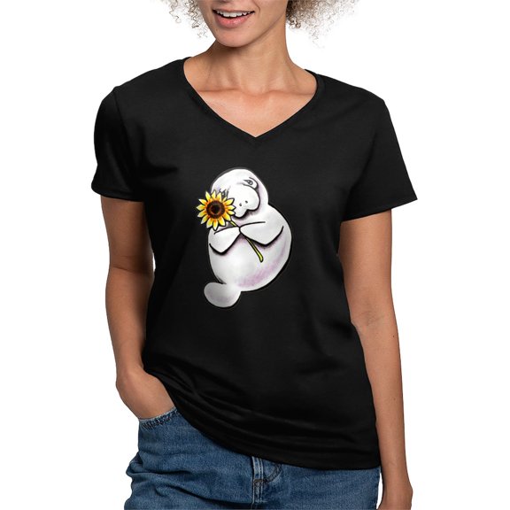 CafePress - Sunny Manatee T Shirt - Women's V-Neck Dark T-Shirt