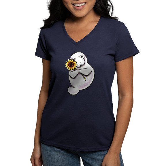 CafePress - Sunny Manatee T Shirt - Women's V-Neck Dark T-Shirt