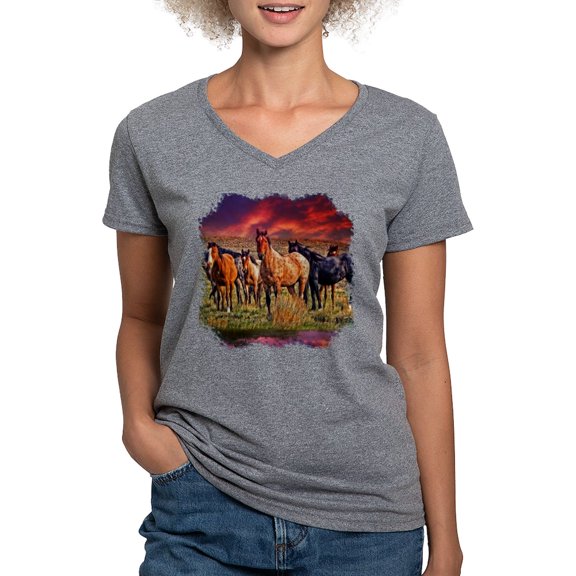 CafePress - Sunset Horses Women's V Neck Dark T Shirt - Women's V-Neck Dark T-Shirt