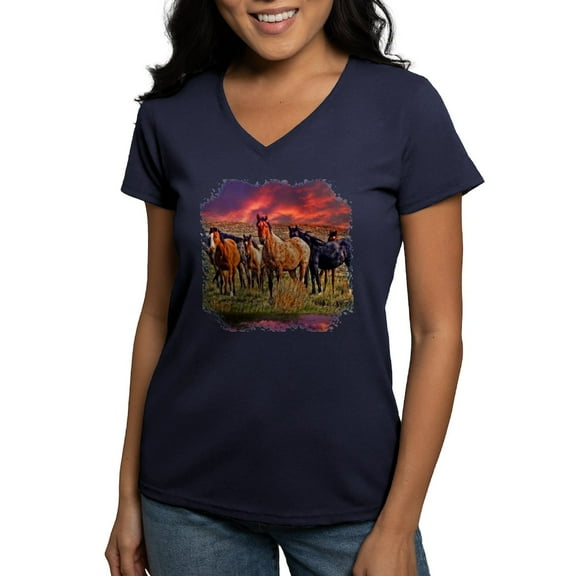 CafePress - Sunset Horses Women's V Neck Dark T Shirt - Women's V-Neck Dark T-Shirt