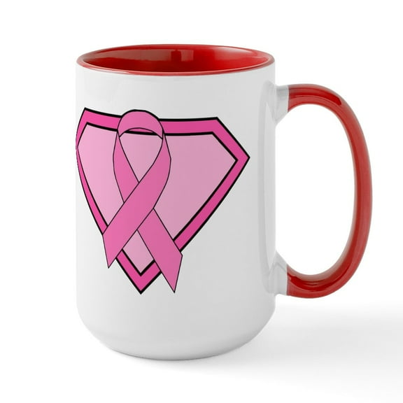 CafePress - Superhero Shield Pink Ribbon Large Mug - 15 oz Ceramic Large White Novelty Mug