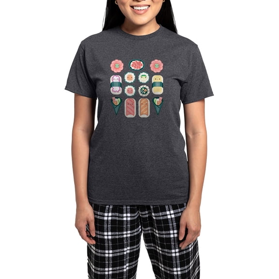 CafePress - Sushi Women's Charcoal Pajamas - Women's Short Sleeve Print T-Shirt and Pants Charcoal Gray Cotton Pajama Set