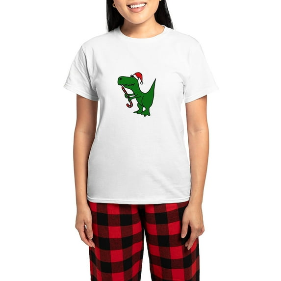 CafePress - T Rex Dinosaur In Santa Hat Pajamas - Women's Short Sleeve Print T-Shirt and Pants Light Cotton Pajama Set