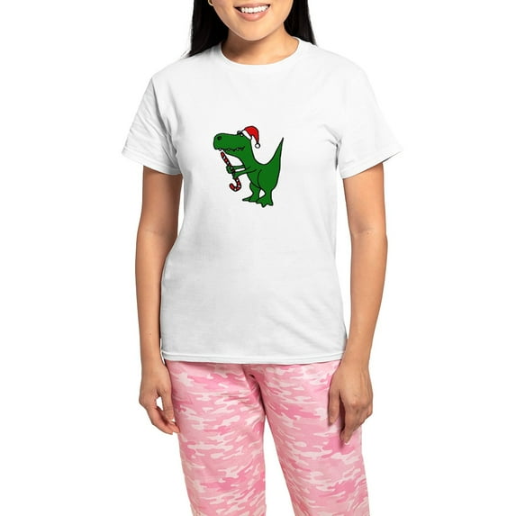 CafePress - T Rex Dinosaur In Santa Hat Pajamas - Women's Short Sleeve Print T-Shirt and Pants Light Cotton Pajama Set