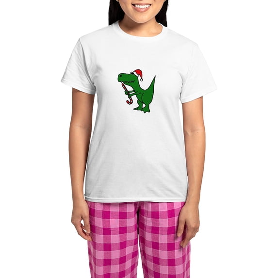 CafePress - T Rex Dinosaur In Santa Hat Pajamas - Women's Short Sleeve Print T-Shirt and Pants Light Cotton Pajama Set