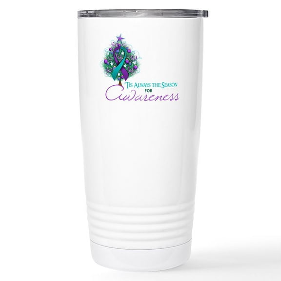 CafePress - Teal And Purple Ribbon Xmas Tree Stainless Steel T - Insulated Stainless Steel Travel Tumbler 20 oz.