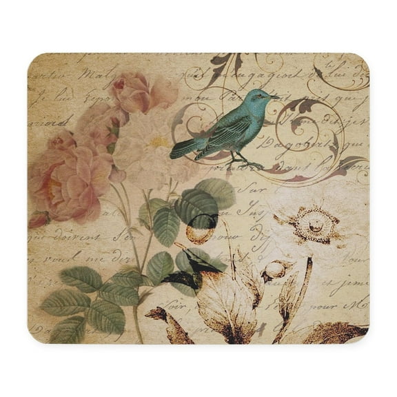 CafePress - Teal Bird Vintage Roses Botanical Art Mousepad - Non-slip Rubber Mousepad, Gaming Mouse Pad