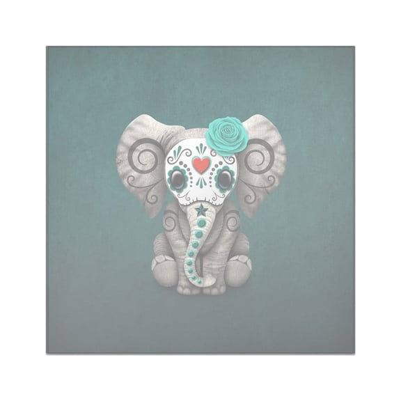 CafePress - Teal Blue Day Of The Dead Sugar Skull Baby Elephan - Square Sticker 3" x 3"