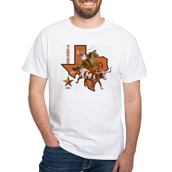 CafePress - Texas Cowboy & Longhorn White T Shirt - Men's White Classic Cotton T-Shirts