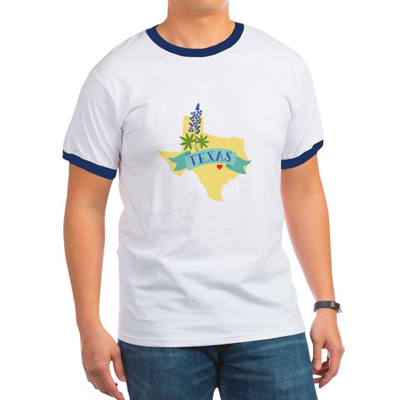 CafePress - Texas State Outline Bluebonnet Flower T Shirt - 100% Cotton Ringed T-Shirt