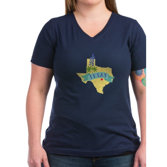 CafePress - Texas State Outline Bluebonnet Flower T Shirt - Women's V-Neck Dark T-Shirt