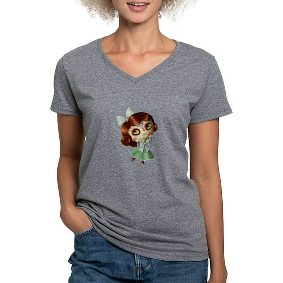 CafePress - The Day Of The Dead Vintage Doll T Shirt - Women's V-Neck Dark T-Shirt