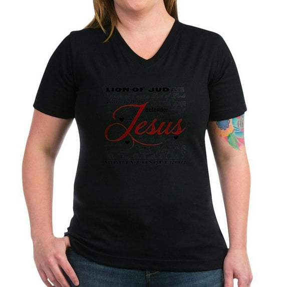CafePress - The Name Of Jesus T Shirt - Women's V-Neck Dark T-Shirt