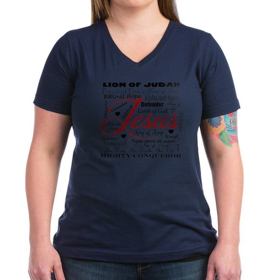 CafePress - The Name Of Jesus T Shirt - Women's V-Neck Dark T-Shirt