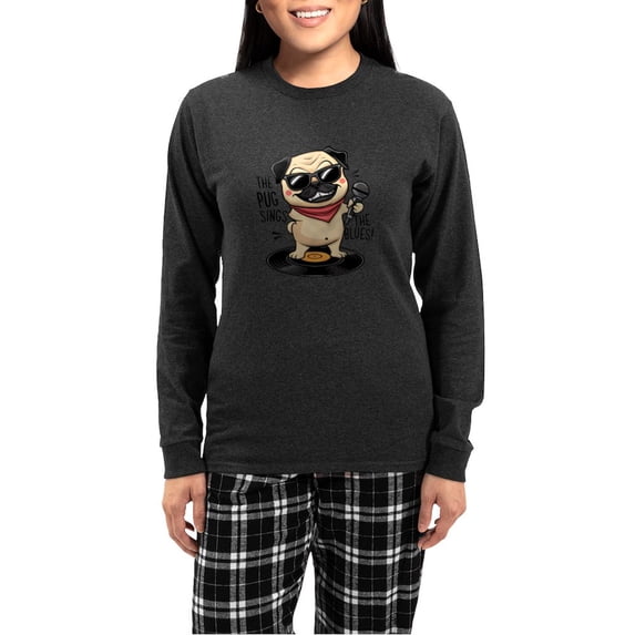 CafePress - The Pug Sings The Blues - Women's Long Sleeve Charcoal Gray Pajamas