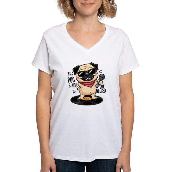 CafePress - The Pug Sings The Blues Women's V Neck T Shirt - Womens Cotton V-Neck T-shirt