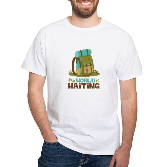 CafePress - The World Is Waiting T Shirt - Men's White Classic Cotton T-Shirts