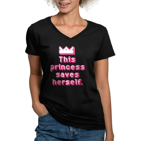 CafePress - This Princess Saves Herself T Shirt - Women's V-Neck Dark T-Shirt