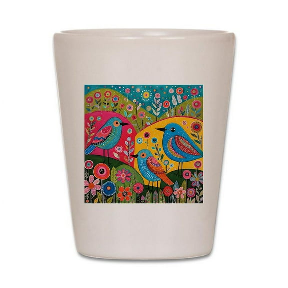CafePress - Three Little Birds On The Hill - White Shot Glass, Unique and Funny Shot Glass