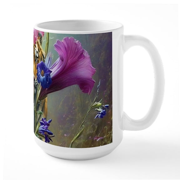 CafePress - Tiger In Mystical Spring Hibiscus 15 Oz Ceramic Large Mug - 15 oz Ceramic Large White Novelty Mug