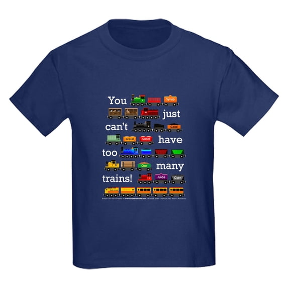 CafePress - Too Many Trains White Lettering T Shirt - Dark T-Shirt Kids XS-XL