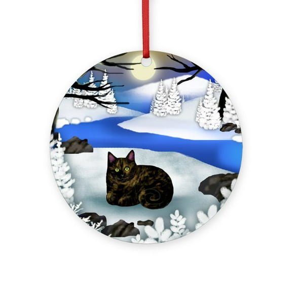 CafePress - Tortoiseshell Cat Frozen River -  Round Wood Ornament 4"