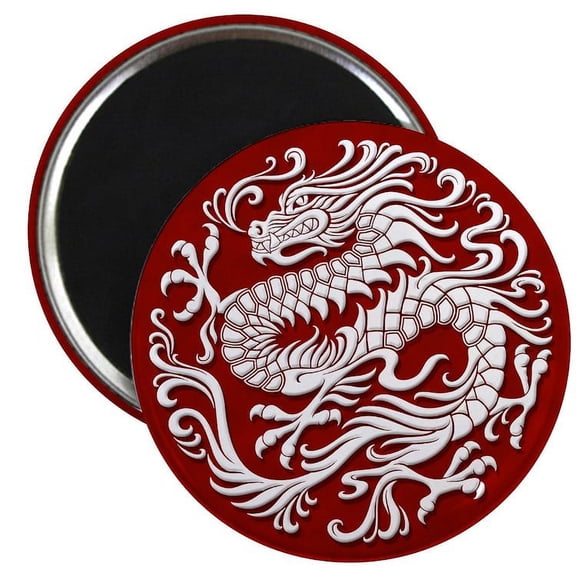 CafePress - Traditional White And Red Chinese Dragon Circle Ma - 2.25" Round Magnet, Refrigerator Magnet, Button Magnet Style
