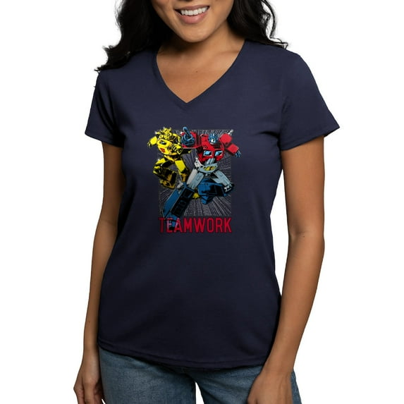 CafePress - Transformers Teamwork Women's V Neck Dark T Shirt - Women's V-Neck Dark T-Shirt