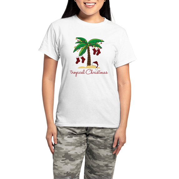 CafePress - Tropical Christmas Women's Light Pajamas - Women's Short Sleeve Print T-Shirt and Pants Light Cotton Pajama Set
