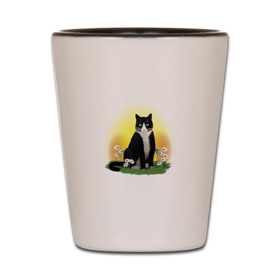 CafePress - Tuxedo Cat With Daisies - White/Black Shot Glass, Unique and Funny Shot Glass