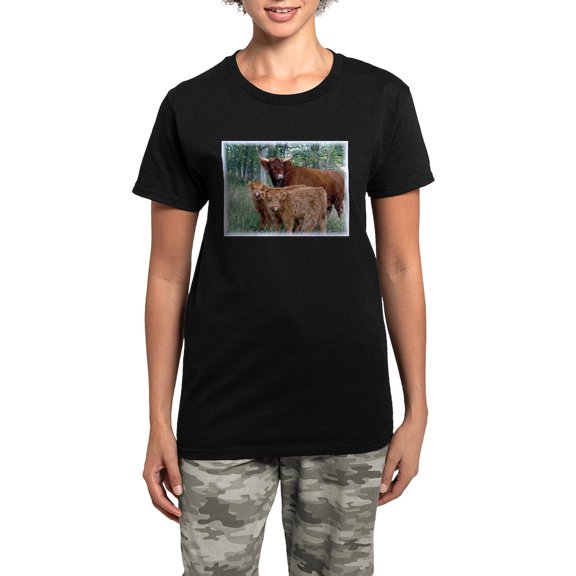 CafePress - Two Highland Calves With Mama Cow Women's Dark Paj - Women's Short Sleeve Print T-Shirt and Pants Dark Cotton Pajama Set