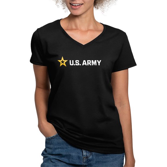 CafePress - U.S. Army® White And Gold Horizontal Logo T Shirt - Women's V-Neck Dark T-Shirt