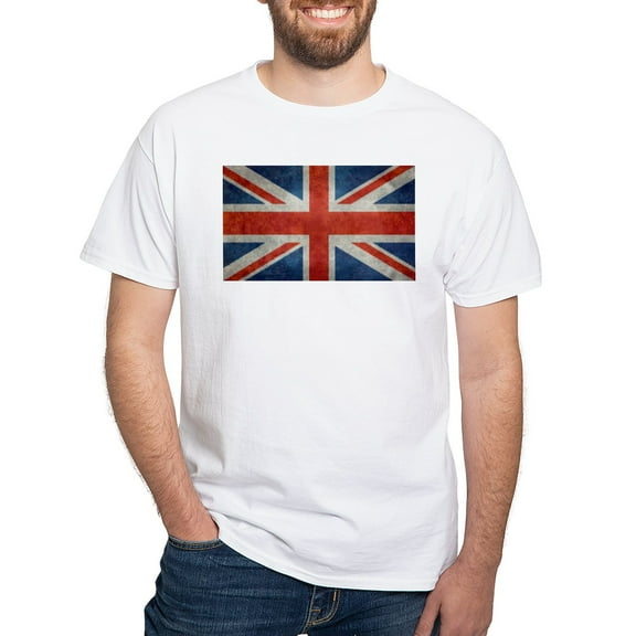 CafePress - UK British Union Jack Flag Retro Style 3:5 T Shirt - Men's White Classic Cotton T-Shirts