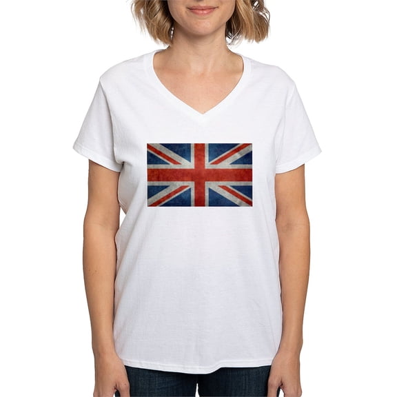 CafePress - UK British Union Jack Flag Retro Style 3:5 T Shirt - Womens Cotton V-Neck T-shirt