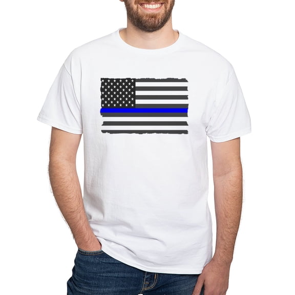 CafePress - US Flag Blue Line T Shirt - Men's White Classic Cotton T-Shirts