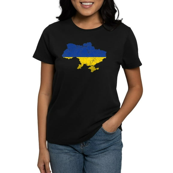 CafePress - Ukraine Flag And Map Women's Dark T Shirt - Women's Traditional Fit Dark T-Shirt
