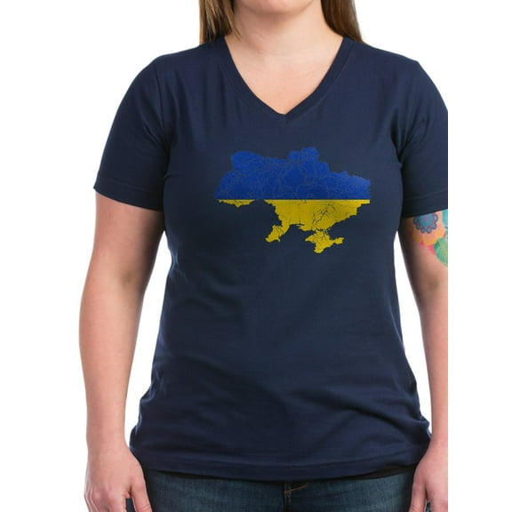 CafePress - Ukraine Flag And Map Women's V Neck Dark T Shirt - Women's V-Neck Dark T-Shirt