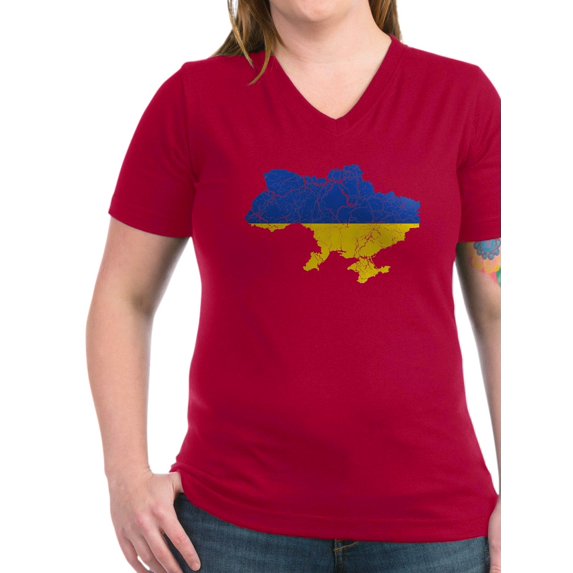 CafePress - Ukraine Flag And Map Women's V Neck Dark T Shirt - Women's V-Neck Dark T-Shirt
